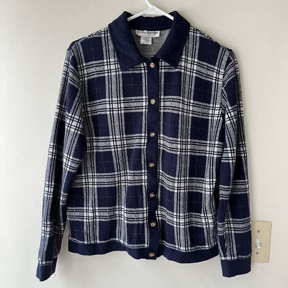 Vintage Cathy Daniels Preppy Plaid Button-Up Cardigan Sweater - Medium